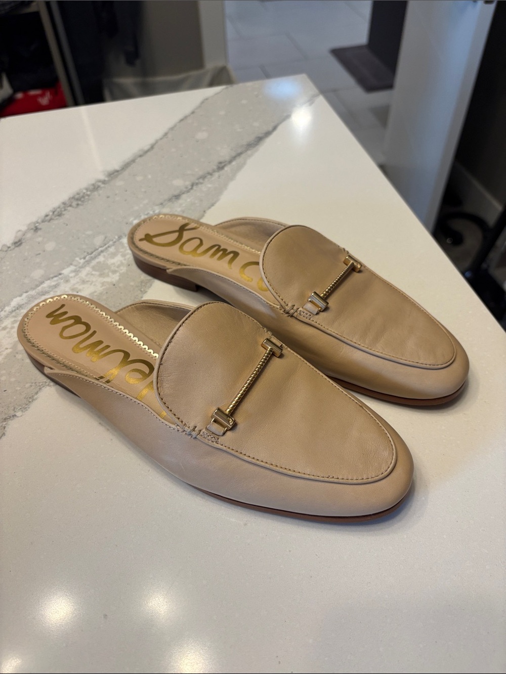 Sam Edelman Beige Leather Backless Loafer Mules with Gold Accent